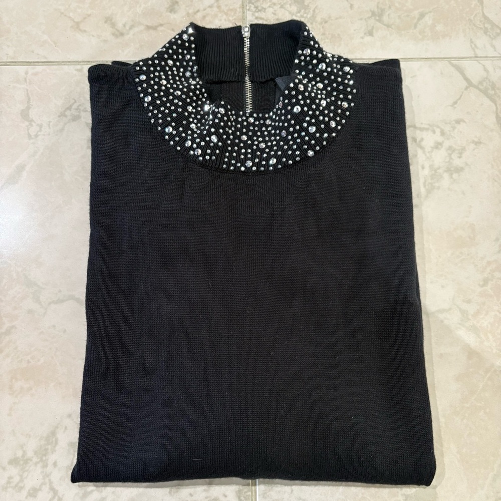 New Premise Black Rhinestone Embellished Collar Mockneck Sweater Size Large